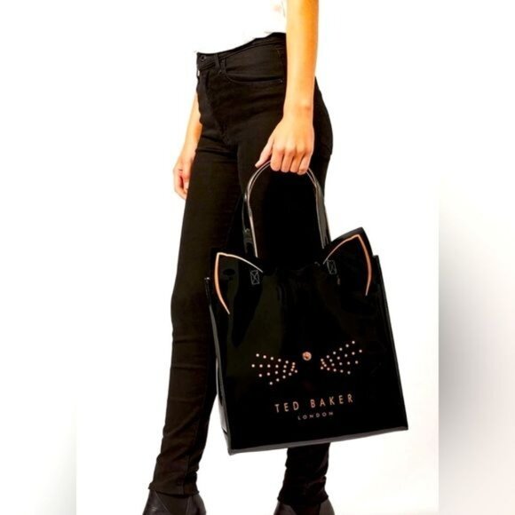 NWT Ted Baker Women's Black Patent Leather Feline Cat-Shaped Icon Tote Bag 391 - Picture 2 of 12